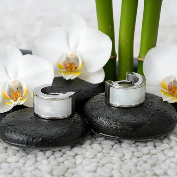 Elegant 18K Gold Plated Huggies Minimalist Earrings Mother of Pearl Inlay - Picture 6 of 10